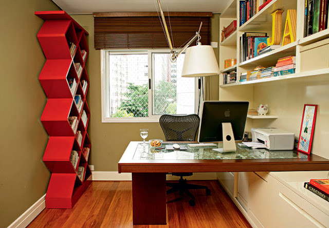 home office design with unique bookcase